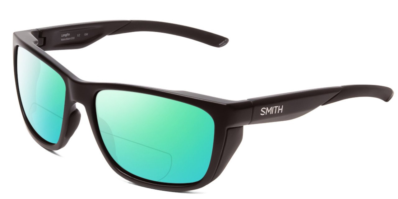 Profile View of Smith Optics Longfin Designer Polarized Reading Sunglasses with Custom Cut Powered Green Mirror Lenses in Matte Black Unisex Wrap Full Rim Acetate 59 mm