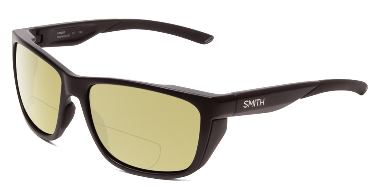 Profile View of Smith Optics Longfin Designer Polarized Reading Sunglasses with Custom Cut Powered Sun Flower Yellow Lenses in Matte Black Unisex Wrap Full Rim Acetate 59 mm