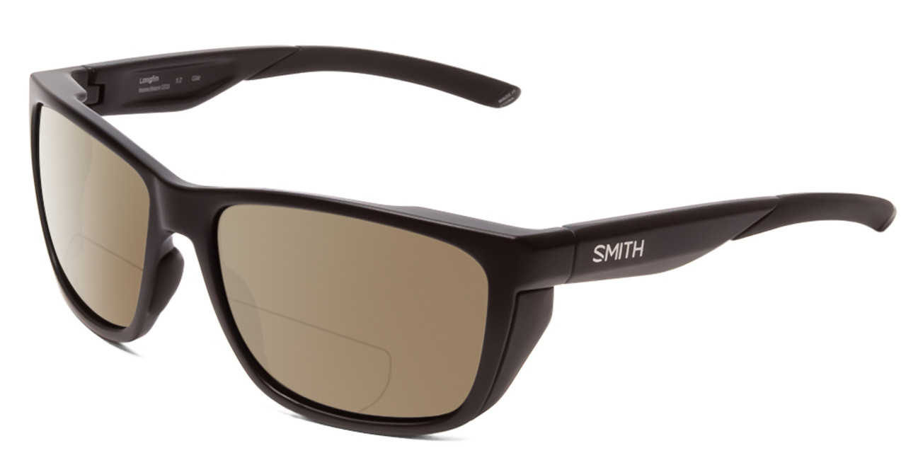 Profile View of Smith Optics Longfin Designer Polarized Reading Sunglasses with Custom Cut Powered Amber Brown Lenses in Matte Black Unisex Wrap Full Rim Acetate 59 mm