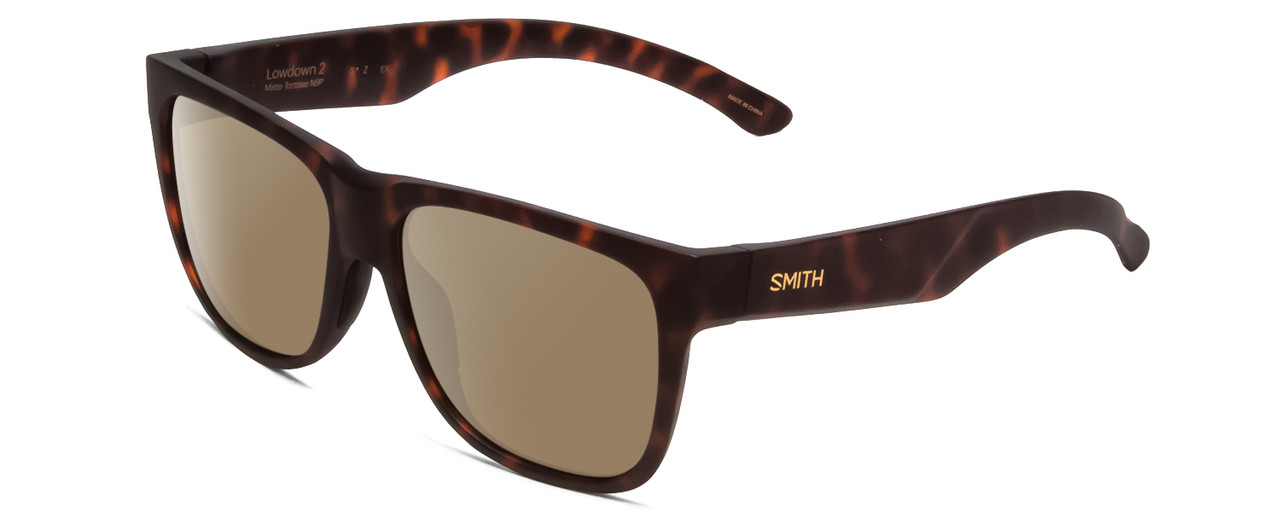 Profile View of Smith Optics Lowdown 2 Designer Polarized Sunglasses with Custom Cut Amber Brown Lenses in Matte Tortoise Havana Gold Unisex Classic Full Rim Acetate 55 mm