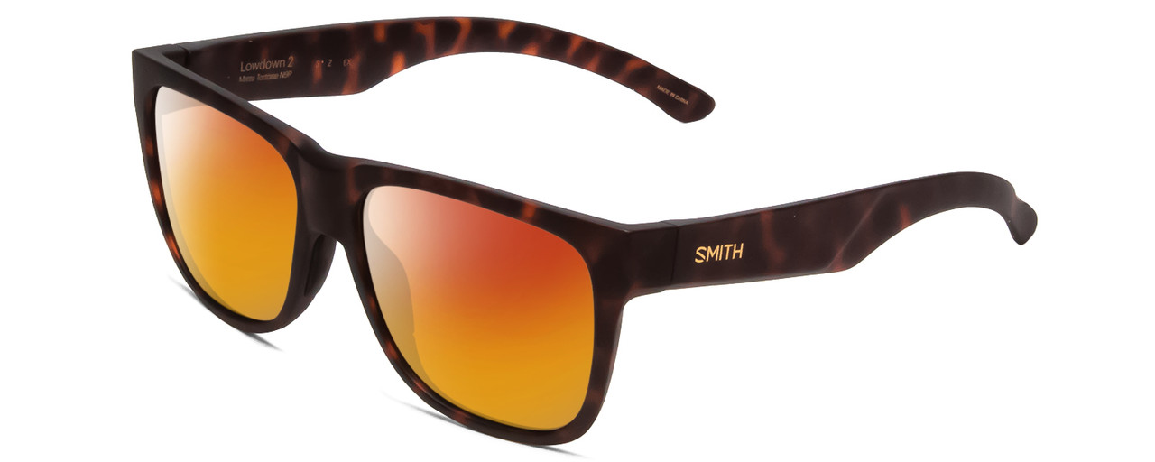 Profile View of Smith Optics Lowdown 2 Designer Polarized Sunglasses with Custom Cut Red Mirror Lenses in Matte Tortoise Havana Gold Unisex Classic Full Rim Acetate 55 mm