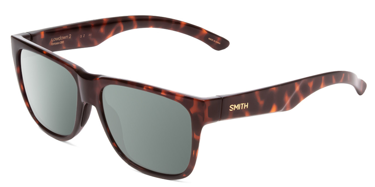 Profile View of Smith Optics Lowdown 2 Designer Polarized Sunglasses with Custom Cut Smoke Grey Lenses in Tortoise Havana Brown Gold Unisex Classic Full Rim Acetate 55 mm