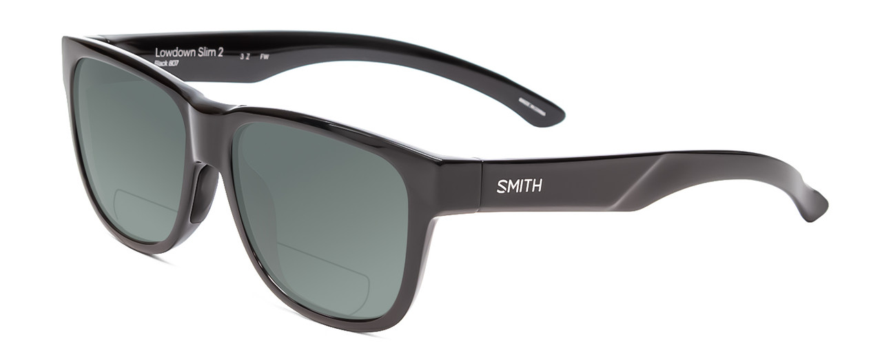 Profile View of Smith Optics Lowdown Slim 2 Designer Polarized Reading Sunglasses with Custom Cut Powered Smoke Grey Lenses in Gloss Black Unisex Classic Full Rim Acetate 53 mm