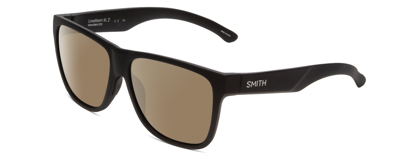 Profile View of Smith Optics Lowdown Xl 2 Designer Polarized Sunglasses with Custom Cut Amber Brown Lenses in Matte Black Unisex Classic Full Rim Acetate 60 mm