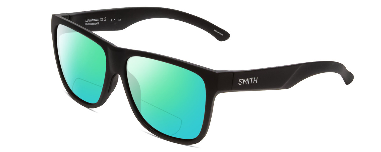 Profile View of Smith Optics Lowdown Xl 2 Designer Polarized Reading Sunglasses with Custom Cut Powered Green Mirror Lenses in Matte Black Unisex Classic Full Rim Acetate 60 mm