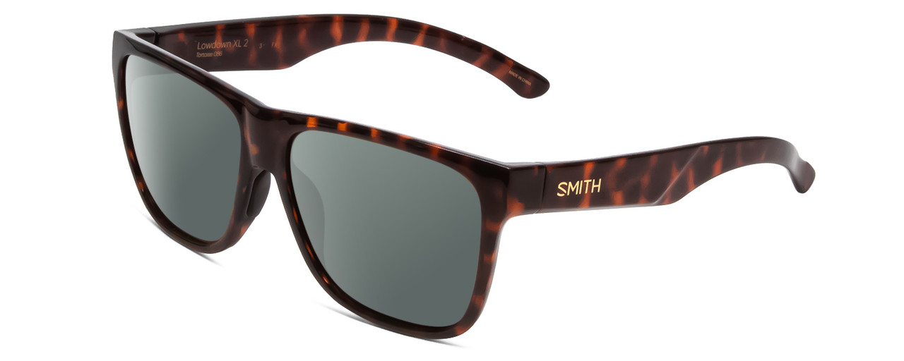 Profile View of Smith Optics Lowdown Xl 2 Designer Polarized Sunglasses with Custom Cut Smoke Grey Lenses in Tortoise Havana Gold Unisex Classic Full Rim Acetate 60 mm