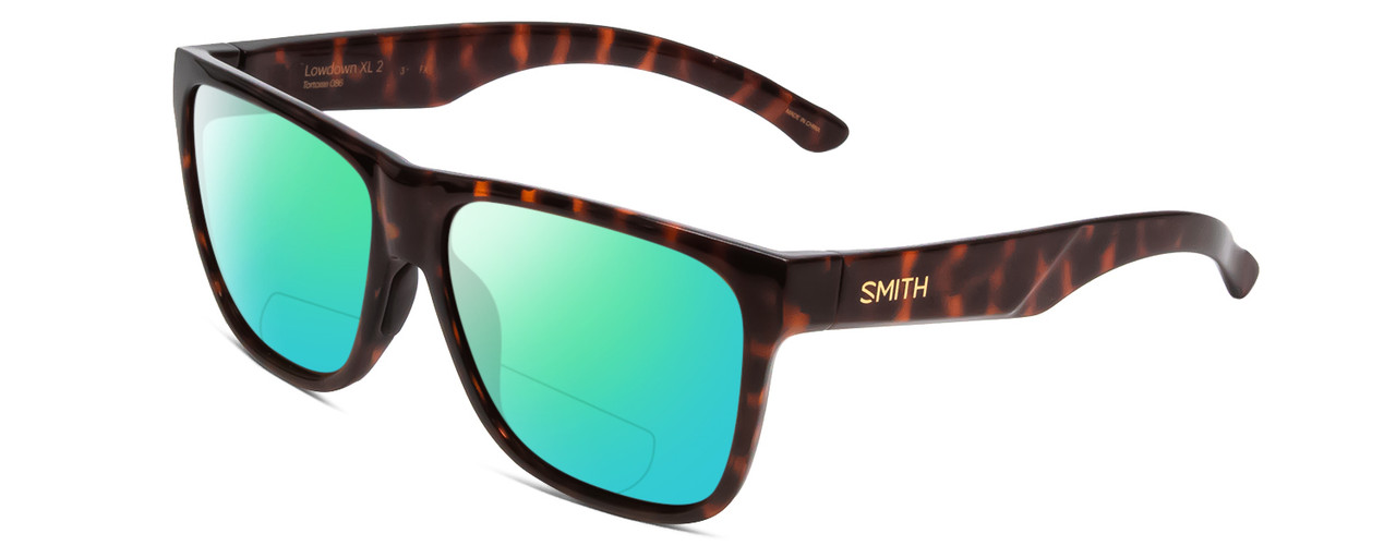 Profile View of Smith Optics Lowdown Xl 2 Designer Polarized Reading Sunglasses with Custom Cut Powered Green Mirror Lenses in Tortoise Havana Gold Unisex Classic Full Rim Acetate 60 mm