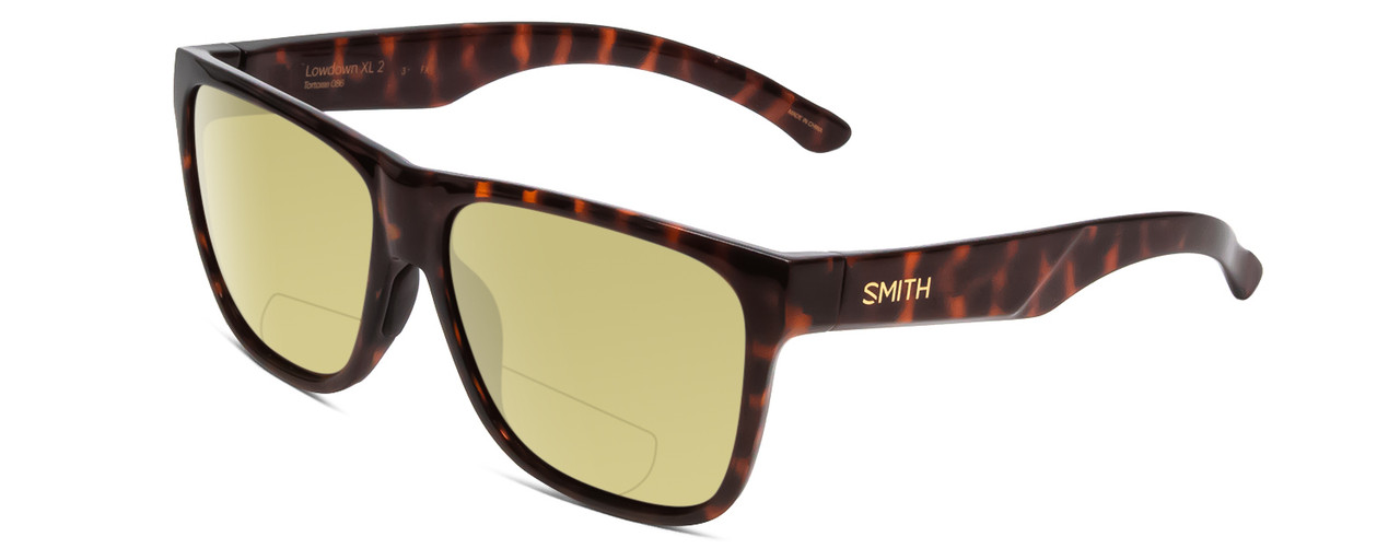 Profile View of Smith Optics Lowdown Xl 2 Designer Polarized Reading Sunglasses with Custom Cut Powered Sun Flower Yellow Lenses in Tortoise Havana Gold Unisex Classic Full Rim Acetate 60 mm