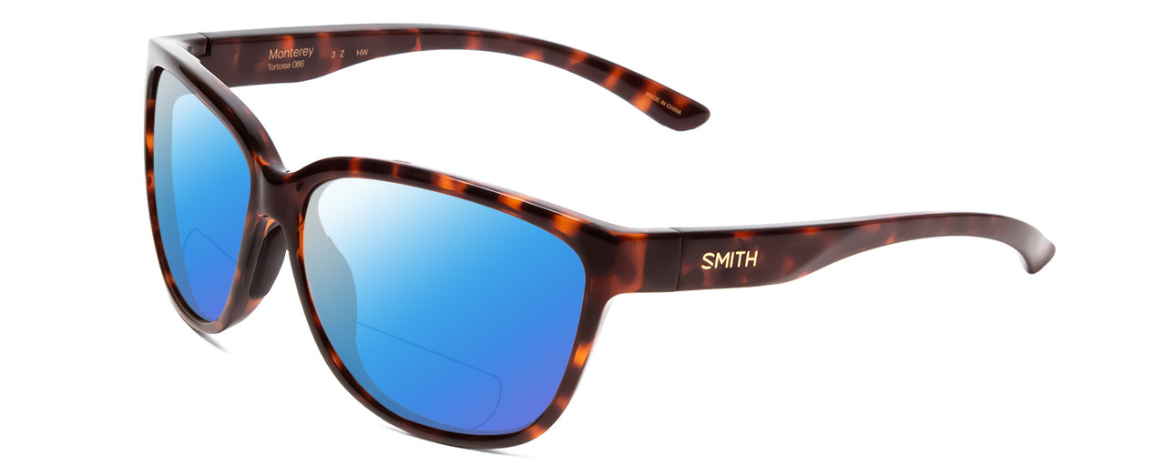 Profile View of Smith Optics Monterey Designer Polarized Reading Sunglasses with Custom Cut Powered Blue Mirror Lenses in Tortoise Havana Brown Gold Ladies Cateye Full Rim Acetate 58 mm