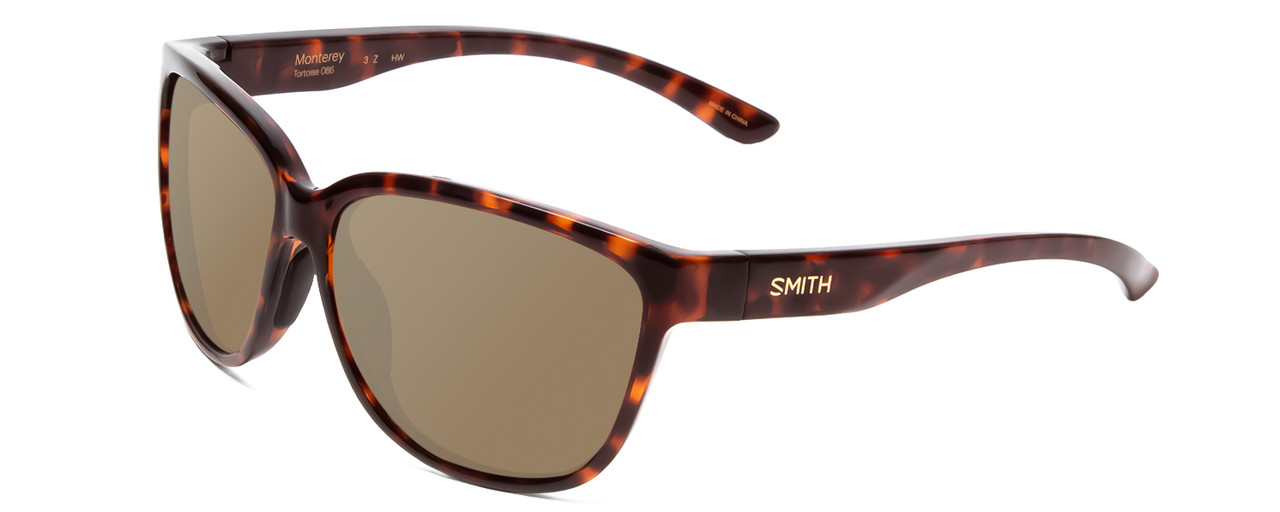Profile View of Smith Optics Monterey Designer Polarized Sunglasses with Custom Cut Amber Brown Lenses in Tortoise Havana Gold Ladies Cateye Full Rim Acetate 58 mm