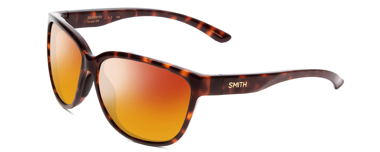 Profile View of Smith Optics Monterey Designer Polarized Sunglasses with Custom Cut Red Mirror Lenses in Tortoise Havana Gold Ladies Cateye Full Rim Acetate 58 mm