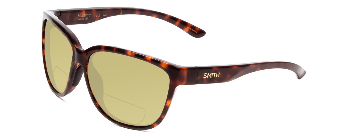 Profile View of Smith Optics Monterey Designer Polarized Reading Sunglasses with Custom Cut Powered Sun Flower Yellow Lenses in Tortoise Havana Gold Ladies Cateye Full Rim Acetate 58 mm