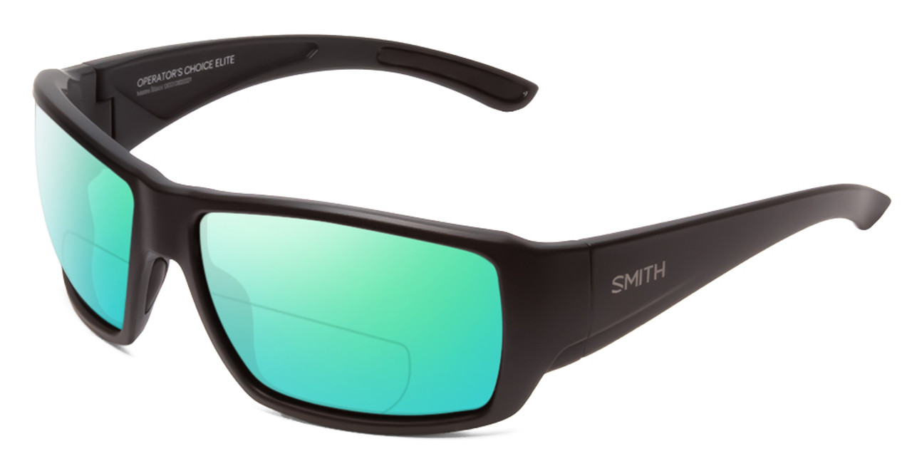 Close Up View of Smith Optics Operators Choice Elite Designer Polarized Reading Sunglasses with Custom Cut Powered Blue Mirror Lenses in Matte Black Unisex Wrap Full Rim Acetate 62 mm