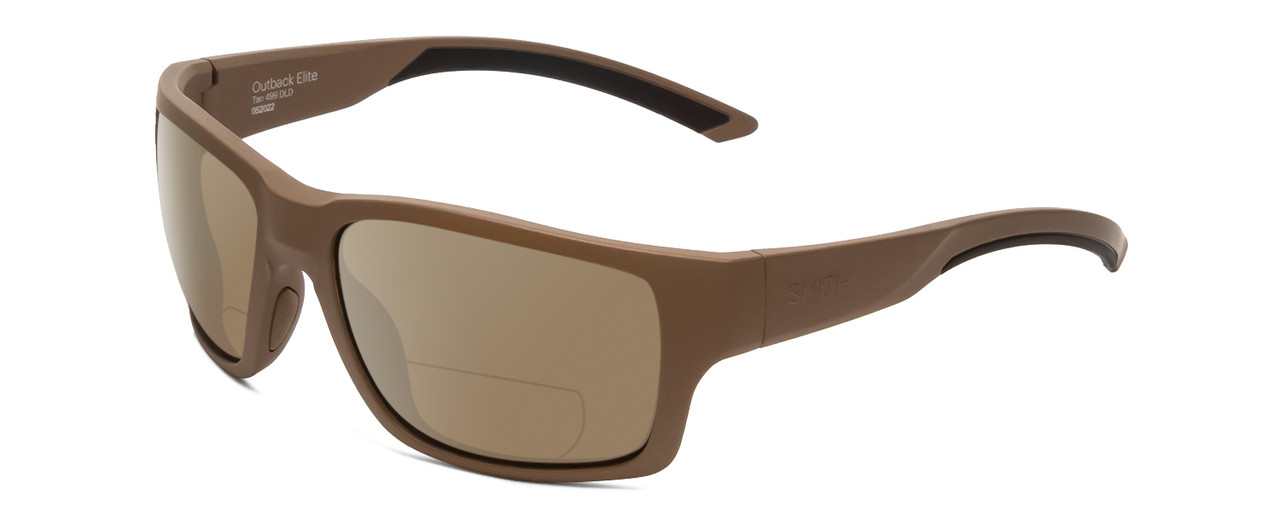 Side View of Smith Optics Outback Elite Designer Polarized Reading Sunglasses with Custom Cut Powered Sun Flower Yellow Lenses in Tan 499 Brown Unisex Square Full Rim Acetate 59 mm