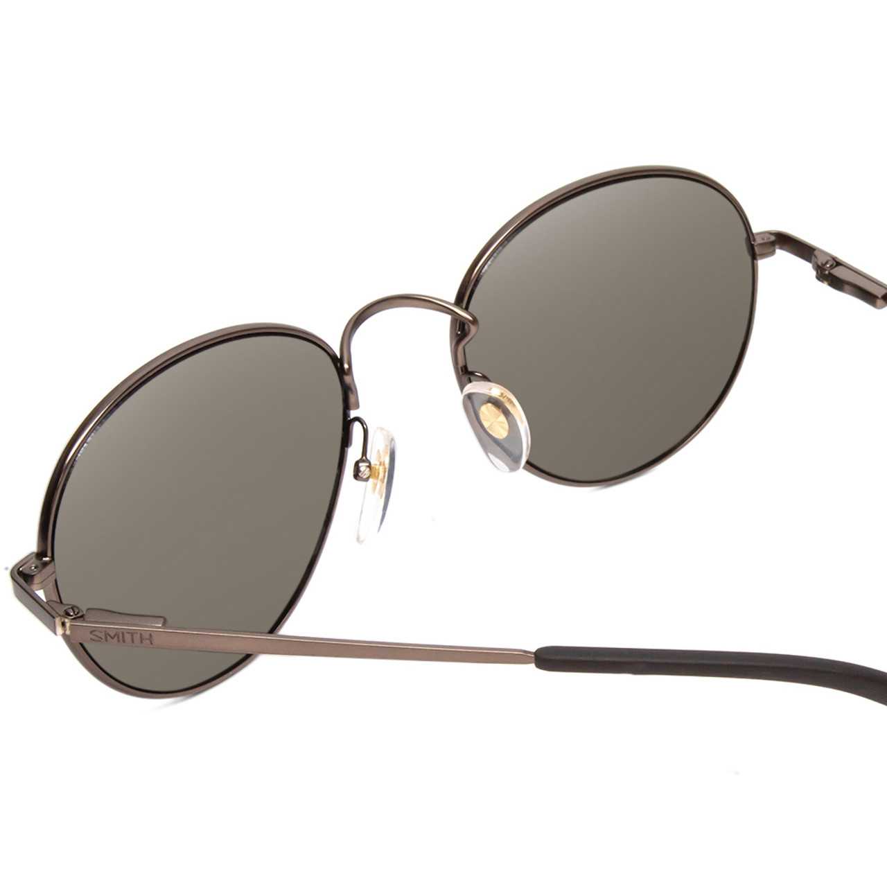 Close Up View of Smith Prep Unisex Round Designer Sunglasses Gun Metal Silver/Polarized Gray 53mm