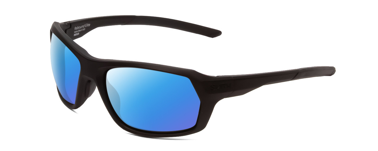 Profile View of Smith Optics Rebound Elite Designer Polarized Sunglasses with Custom Cut Blue Mirror Lenses in Matte Black Unisex Rectangle Full Rim Acetate 59 mm