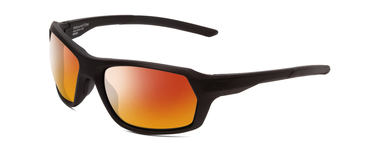 Close Up View of Smith Optics Rebound Elite Designer Polarized Sunglasses with Custom Cut Amber Brown Lenses in Matte Black Unisex Rectangle Full Rim Acetate 59 mm