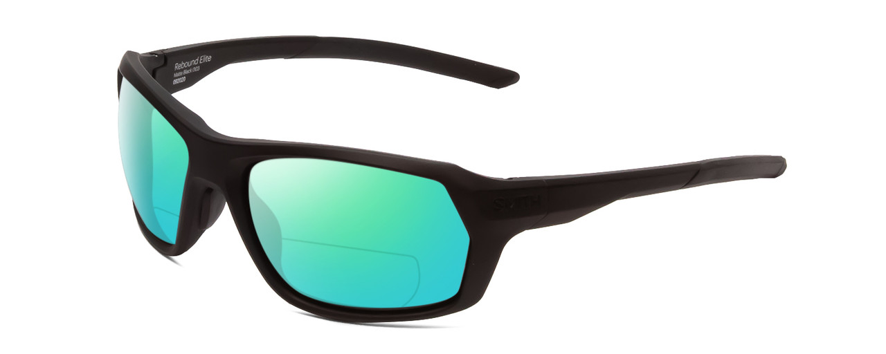 Close Up View of Smith Optics Rebound Elite Designer Polarized Reading Sunglasses with Custom Cut Powered Blue Mirror Lenses in Matte Black Unisex Rectangle Full Rim Acetate 59 mm