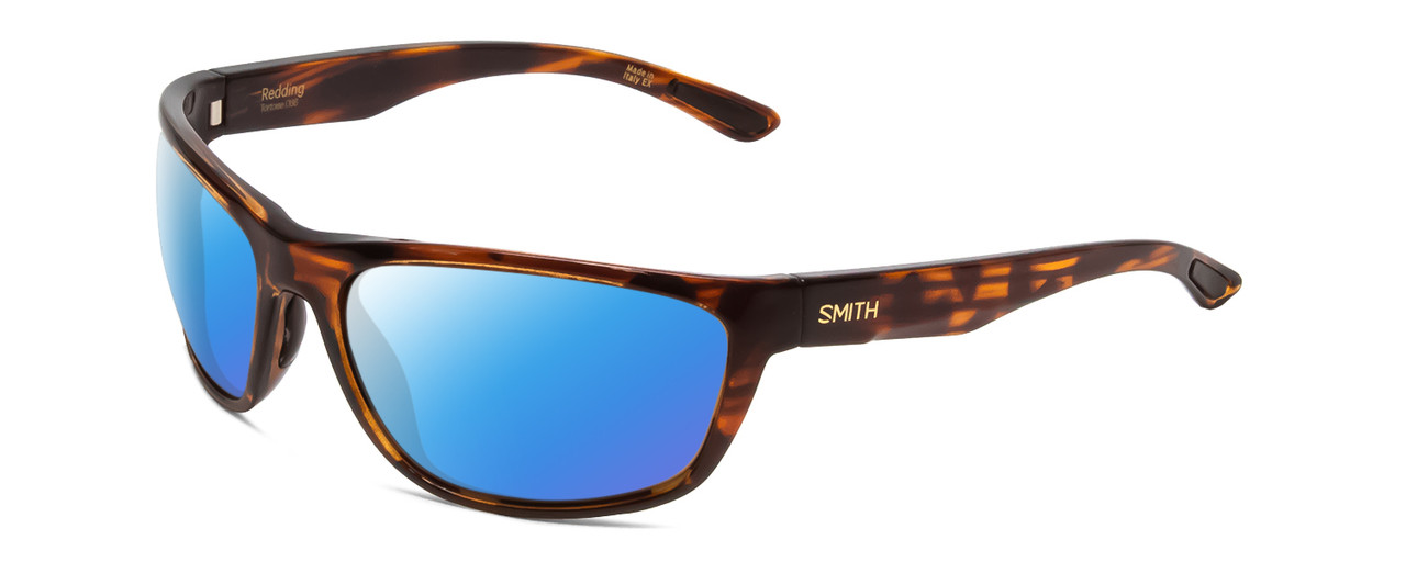 Profile View of Smith Optics Redding Designer Polarized Sunglasses with Custom Cut Blue Mirror Lenses in Tortoise Havana Brown Gold Unisex Wrap Full Rim Acetate 62 mm