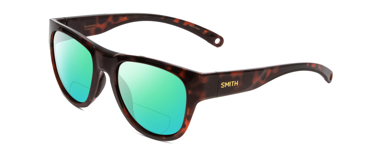 Profile View of Smith Optics Rockaway Designer Polarized Reading Sunglasses with Custom Cut Powered Green Mirror Lenses in Tortoise Havana Brown Gold Ladies Cateye Full Rim Acetate 52 mm