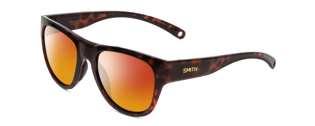 Profile View of Smith Optics Rockaway Designer Polarized Sunglasses with Custom Cut Red Mirror Lenses in Tortoise Havana Brown Gold Ladies Cateye Full Rim Acetate 52 mm