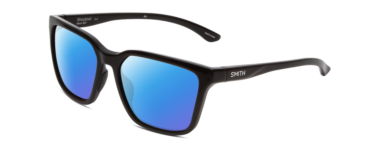 Profile View of Smith Optics Shoutout Designer Polarized Sunglasses with Custom Cut Blue Mirror Lenses in Gloss Black Unisex Retro Full Rim Acetate 57 mm