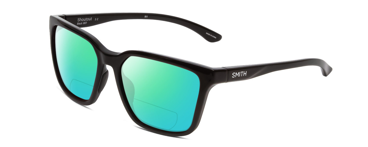 Profile View of Smith Optics Shoutout Designer Polarized Reading Sunglasses with Custom Cut Powered Green Mirror Lenses in Gloss Black Unisex Retro Full Rim Acetate 57 mm