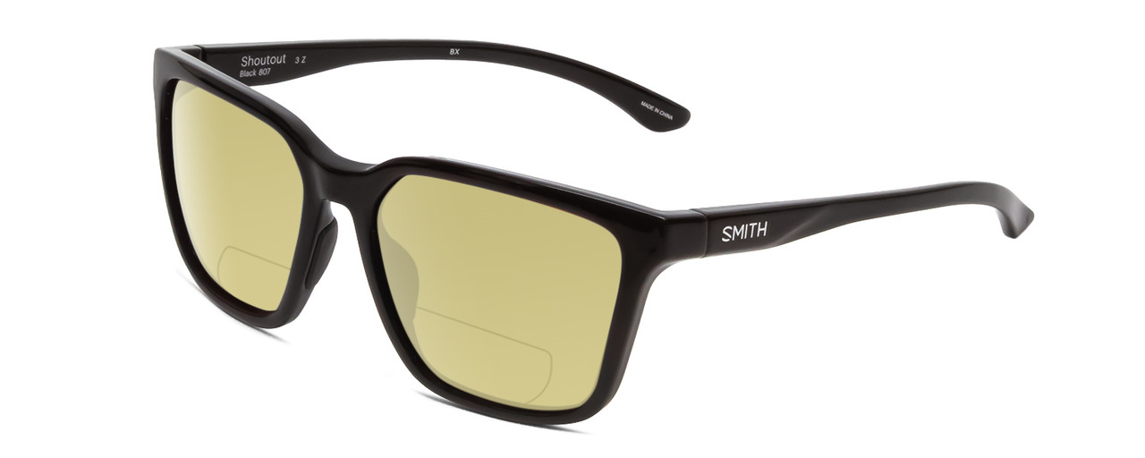 Profile View of Smith Optics Shoutout Designer Polarized Reading Sunglasses with Custom Cut Powered Sun Flower Yellow Lenses in Gloss Black Unisex Retro Full Rim Acetate 57 mm
