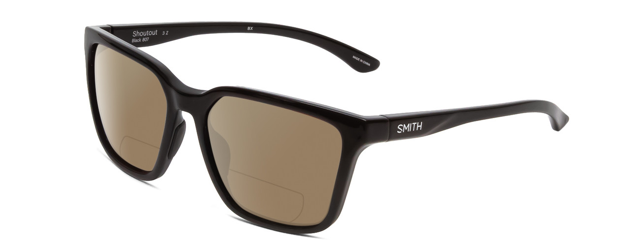 Profile View of Smith Optics Shoutout Designer Polarized Reading Sunglasses with Custom Cut Powered Amber Brown Lenses in Gloss Black Unisex Retro Full Rim Acetate 57 mm