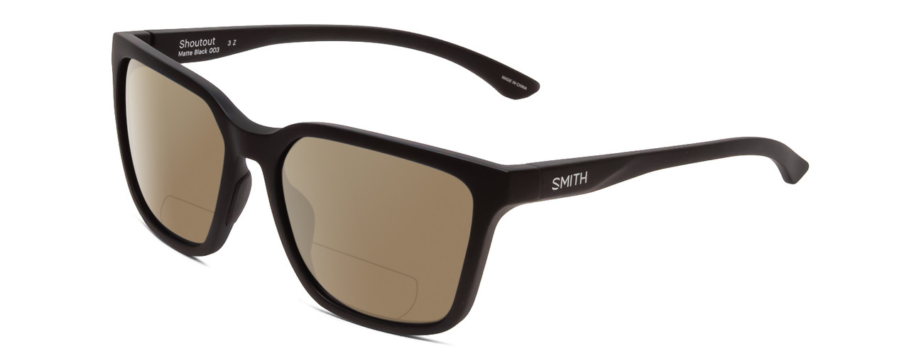 Profile View of Smith Optics Shoutout Designer Polarized Reading Sunglasses with Custom Cut Powered Amber Brown Lenses in Matte Black Unisex Retro Full Rim Acetate 57 mm