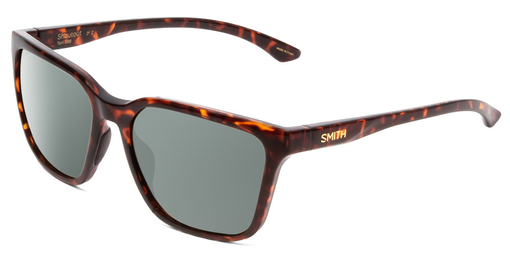 Profile View of Smith Optics Shoutout Designer Polarized Sunglasses with Custom Cut Smoke Grey Lenses in Tortoise Havana Gold Unisex Retro Full Rim Acetate 57 mm
