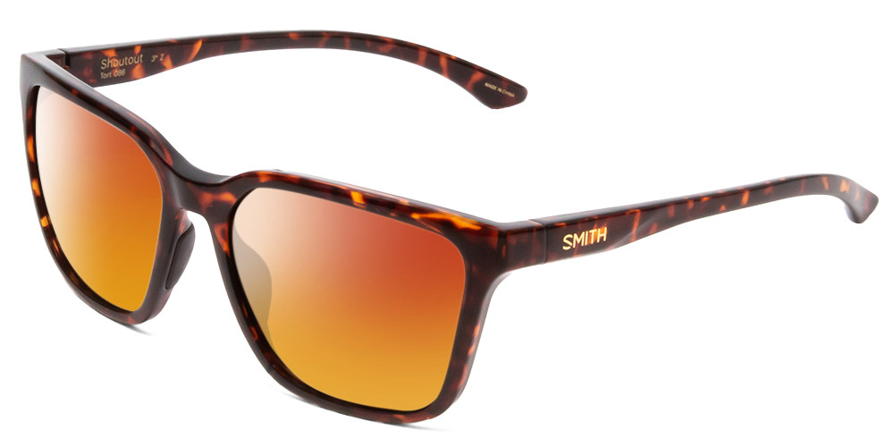 Profile View of Smith Optics Shoutout Designer Polarized Sunglasses with Custom Cut Red Mirror Lenses in Tortoise Havana Gold Unisex Retro Full Rim Acetate 57 mm