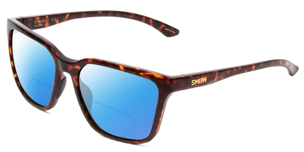 Profile View of Smith Optics Shoutout Designer Polarized Reading Sunglasses with Custom Cut Powered Blue Mirror Lenses in Tortoise Havana Gold Unisex Retro Full Rim Acetate 57 mm