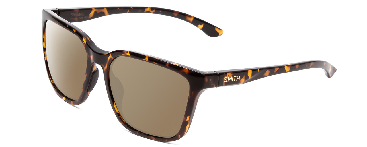 Profile View of Smith Optics Shoutout Designer Polarized Sunglasses with Custom Cut Amber Brown Lenses in Vintage Tortoise Havana Brown Gold Unisex Retro Full Rim Acetate 57 mm