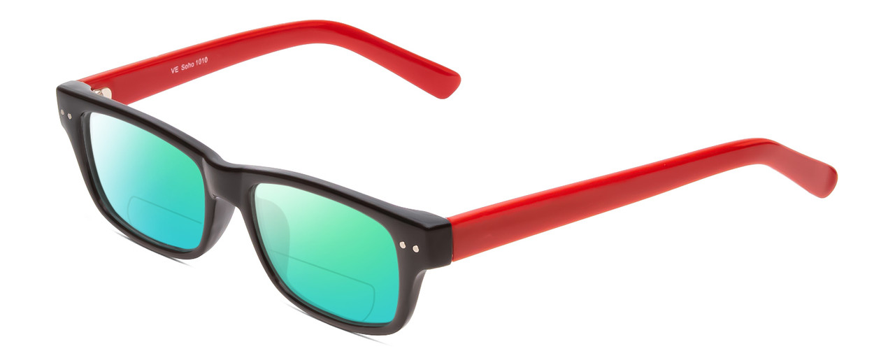 Profile View of SOHO 1010 Designer Polarized Reading Sunglasses with Custom Cut Powered Green Mirror Lenses in Gloss Black Red Ladies Rectangle Full Rim Acetate 50 mm