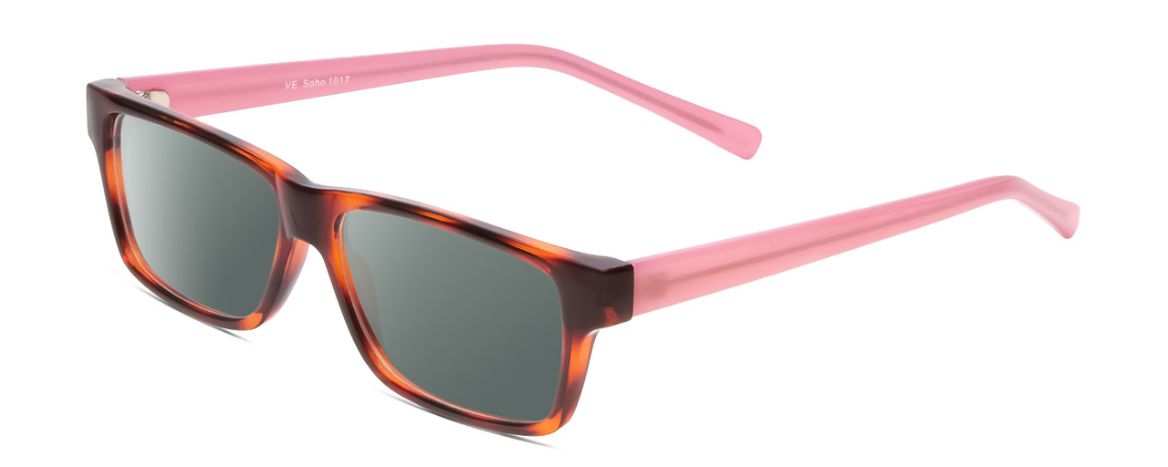 Profile View of SOHO 1017 Designer Polarized Sunglasses with Custom Cut Smoke Grey Lenses in Amber Brown Tortoise/Crystal Pink Ladies Rectangle Full Rim Acetate 52 mm
