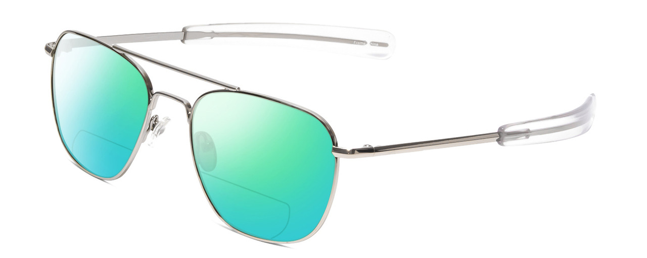 Profile View of Ernest Hemingway H202 Designer Polarized Reading Sunglasses with Custom Cut Powered Green Mirror Lenses in Silver Unisex Pilot Full Rim Metal 55 mm