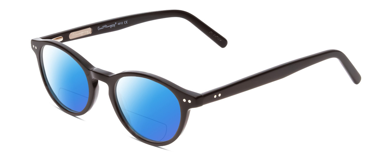 Profile View of Ernest Hemingway H4612 Designer Polarized Reading Sunglasses with Custom Cut Powered Blue Mirror Lenses in Gloss Black Unisex Round Full Rim Acetate 47 mm
