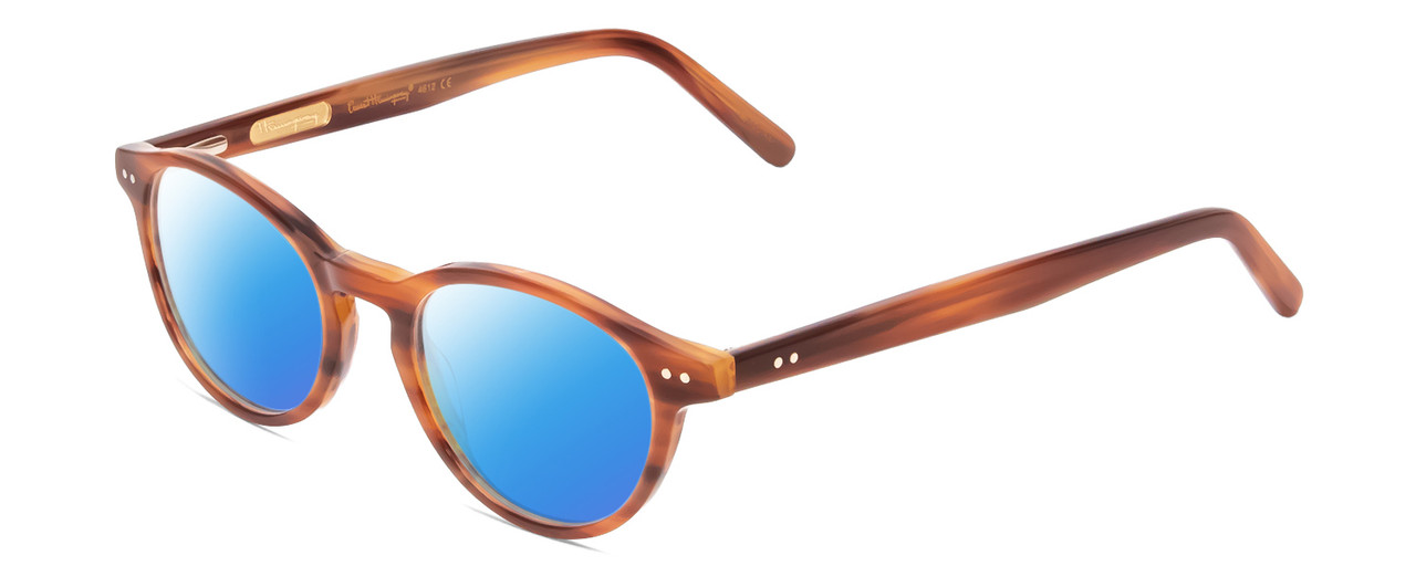 Profile View of Ernest Hemingway H4612 Designer Polarized Sunglasses with Custom Cut Blue Mirror Lenses in Blonde Yellow Brown Unisex Round Full Rim Acetate 47 mm