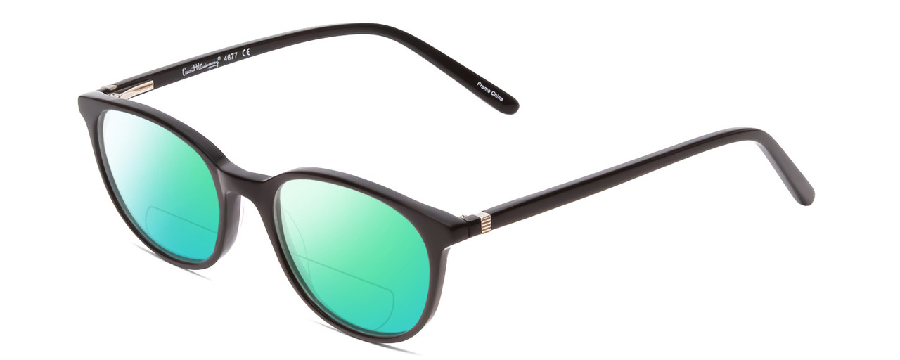 Profile View of Ernest Hemingway H4677 Designer Polarized Reading Sunglasses with Custom Cut Powered Green Mirror Lenses in Gloss Black Unisex Round Full Rim Acetate 49 mm