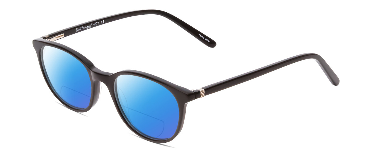 Profile View of Ernest Hemingway H4677 Designer Polarized Reading Sunglasses with Custom Cut Powered Blue Mirror Lenses in Gloss Black Unisex Round Full Rim Acetate 49 mm