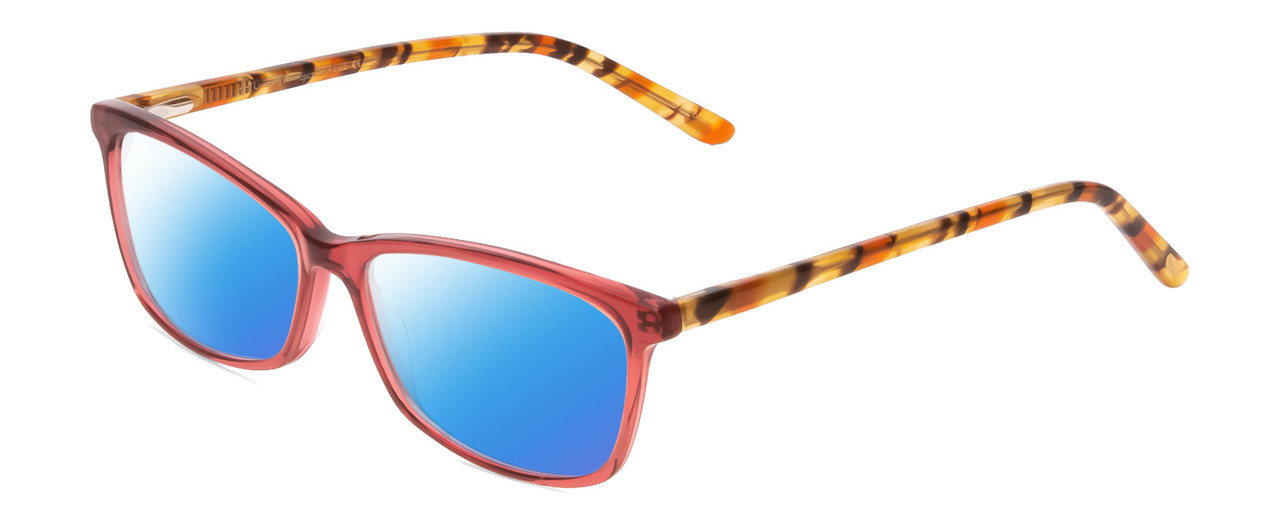 Profile View of Ernest Hemingway H4696 Designer Polarized Sunglasses with Custom Cut Blue Mirror Lenses in Ruby Red Crystal/Orange Yellow Brown Tiger Print Ladies Cateye Full Rim Acetate 54 mm