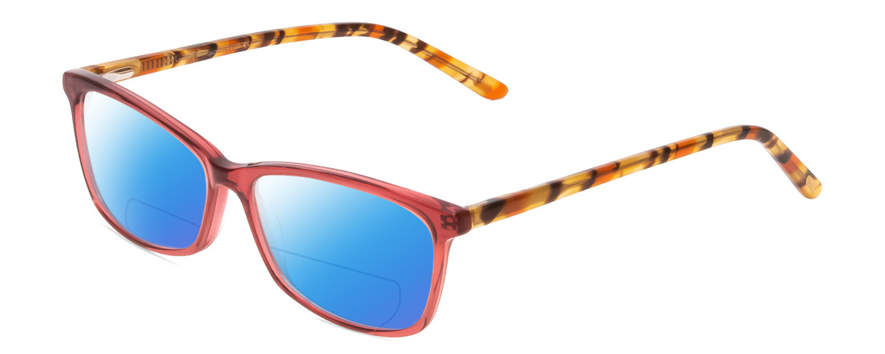 Profile View of Ernest Hemingway H4696 Designer Polarized Reading Sunglasses with Custom Cut Powered Blue Mirror Lenses in Ruby Red Crystal/Orange Yellow Brown Tiger Print Ladies Cateye Full Rim Acetate 54 mm