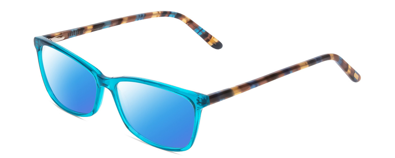 Profile View of Ernest Hemingway H4696 Designer Polarized Sunglasses with Custom Cut Blue Mirror Lenses in Teal Blue Green Crystal/Brown Yellow Navy Gold Striped Ladies Cateye Full Rim Acetate 54 mm