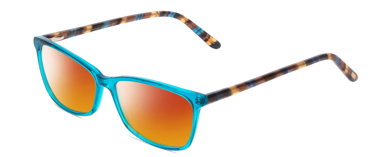Profile View of Ernest Hemingway H4696 Designer Polarized Sunglasses with Custom Cut Red Mirror Lenses in Teal Blue Green Crystal/Brown Yellow Navy Gold Striped Ladies Cateye Full Rim Acetate 54 mm