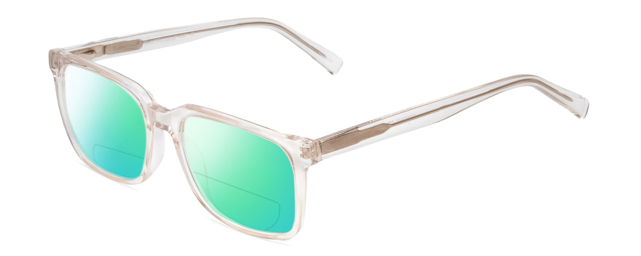 Profile View of Ernest Hemingway H4697 Designer Polarized Reading Sunglasses with Custom Cut Powered Green Mirror Lenses in Gloss Crystal Clear Unisex Square Full Rim Acetate 53 mm