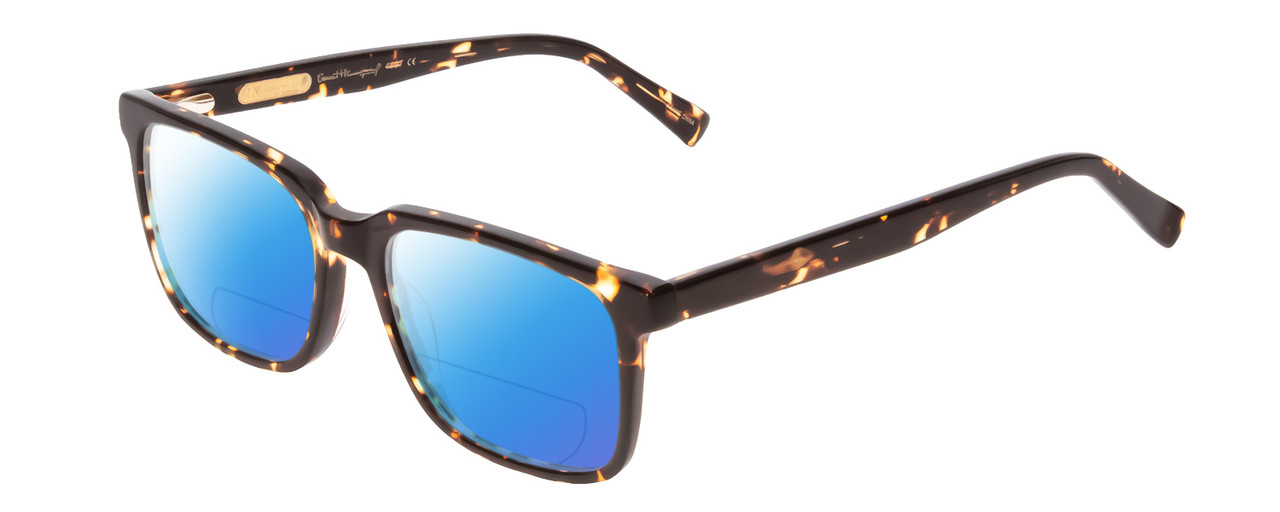 Profile View of Ernest Hemingway H4697 Designer Polarized Reading Sunglasses with Custom Cut Powered Blue Mirror Lenses in Gloss Tortoise Havana Brown Yellow Unisex Square Full Rim Acetate 53 mm