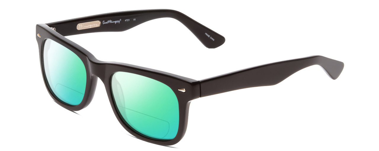 Profile View of Ernest Hemingway H4721 Designer Polarized Reading Sunglasses with Custom Cut Powered Green Mirror Lenses in Gloss Black Silver Studs  Unisex Cateye Full Rim Acetate 50 mm