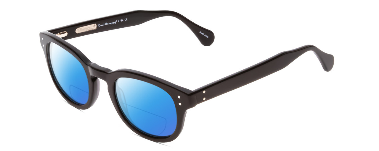 Profile View of Ernest Hemingway H4734 Designer Polarized Reading Sunglasses with Custom Cut Powered Blue Mirror Lenses in Gloss Black Unisex Cateye Full Rim Acetate 49 mm