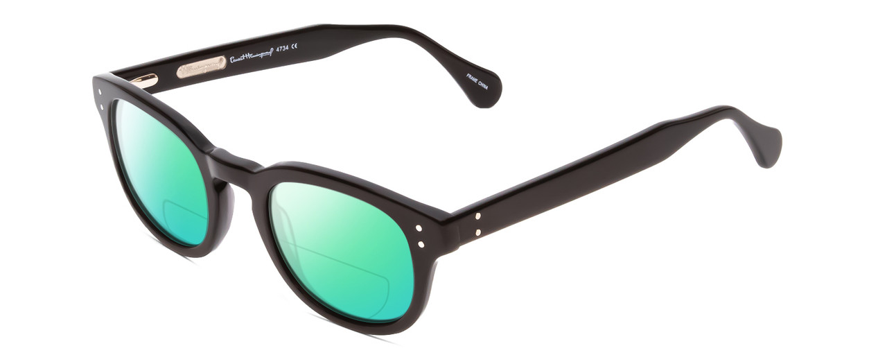 Profile View of Ernest Hemingway H4734 Designer Polarized Reading Sunglasses with Custom Cut Powered Green Mirror Lenses in Gloss Black Unisex Cateye Full Rim Acetate 49 mm